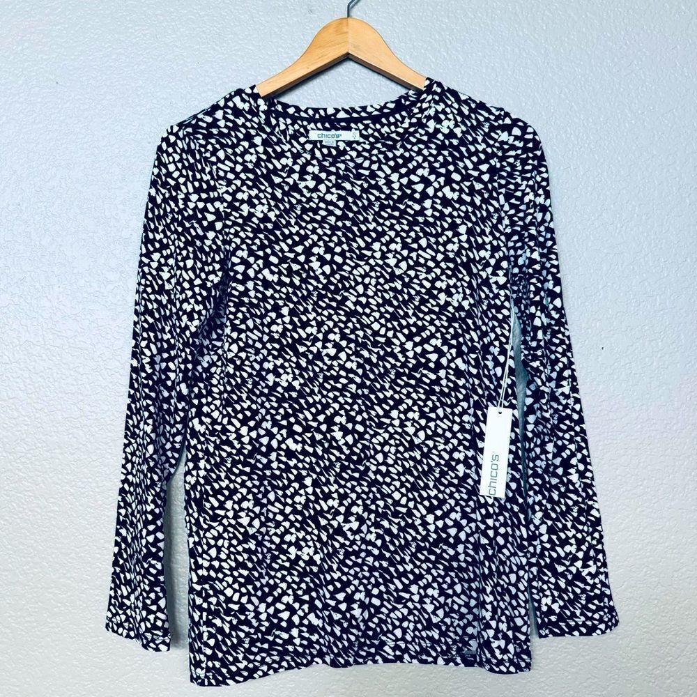 Chico’s Black White Print Long Sleeve Blouse Top